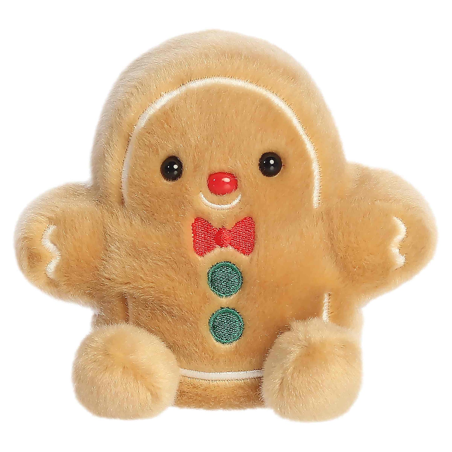 Palm Pals Gio Gingerbread Man 5-inch tan plush featuring an embroidered red bow tie, green buttons, white icing accents, and a red nose.
