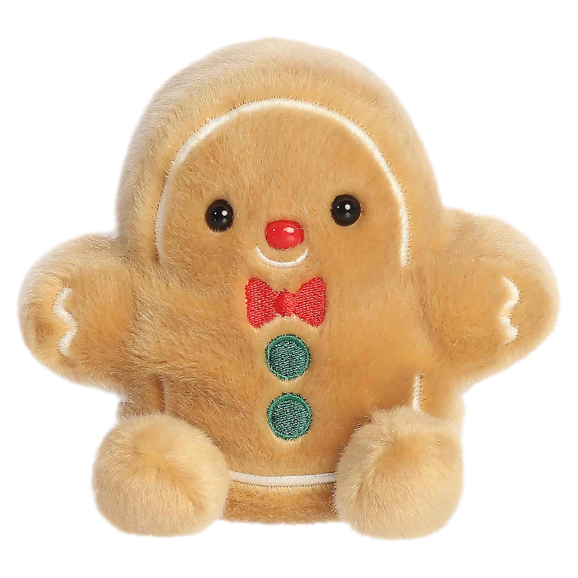 Palm Pals Gio Gingerbread Man 5-inch tan plush featuring an embroidered red bow tie, green buttons, white icing accents, and a red nose.