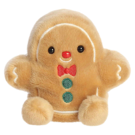 Palm Pals Gio Gingerbread Man 5-inch tan plush featuring an embroidered red bow tie, green buttons, white icing accents, and a red nose.