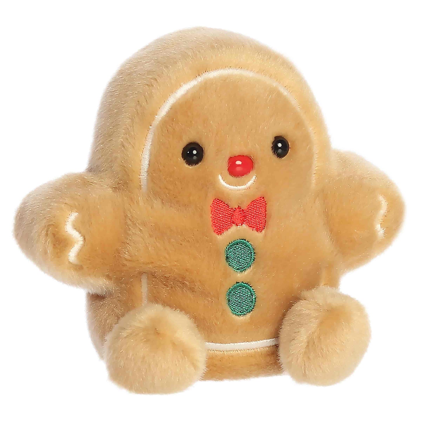 Palm Pals Gio Gingerbread Man 5-inch tan plush featuring an embroidered red bow tie, green buttons, white icing accents, and a red nose.