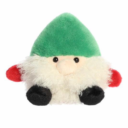 Palm Pals Gnick Gnome plush featuring a pointed green hat, fluffy white beard, round plush nose, red mittens, and black boots.