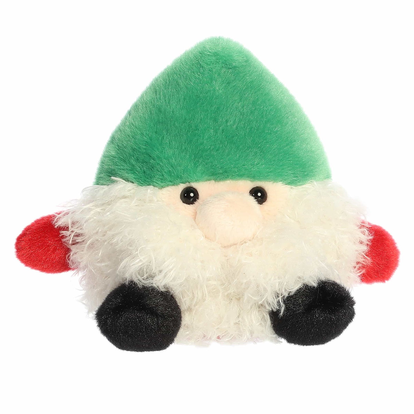 Palm Pals Gnick Gnome plush featuring a pointed green hat, fluffy white beard, round plush nose, red mittens, and black boots.