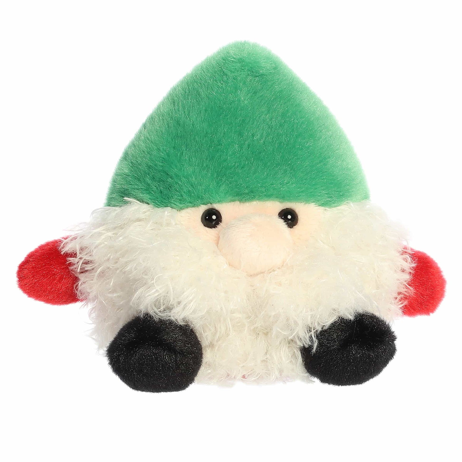 Palm Pals Gnick Gnome plush featuring a pointed green hat, fluffy white beard, round plush nose, red mittens, and black boots.