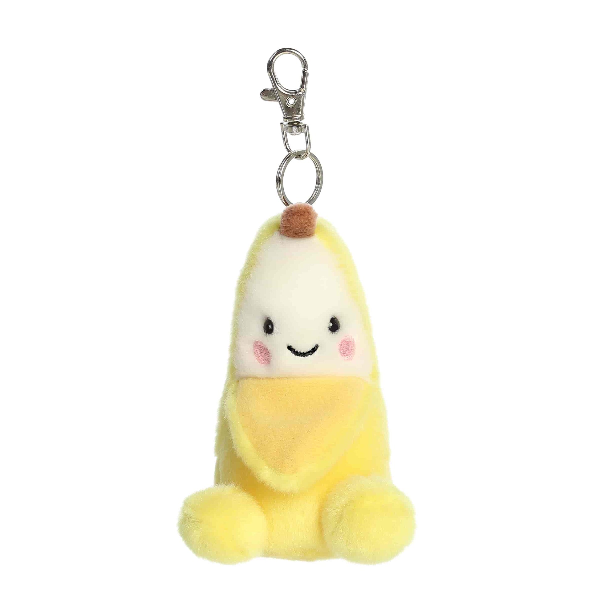 Palm Pals Gwen Banana 4-inch clip-on plush soft toy, a yellow banana with a happy face attached to a clip.