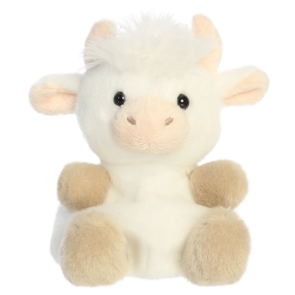 Palm Pals Halleigh Highland Cow mini plush featuring creamy white fur, a fluffy white hair tuft, tiny horns, and soft tan hooves.