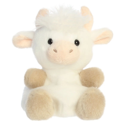 Palm Pals Halleigh Highland Cow mini plush featuring creamy white fur, a fluffy white hair tuft, tiny horns, and soft tan hooves.