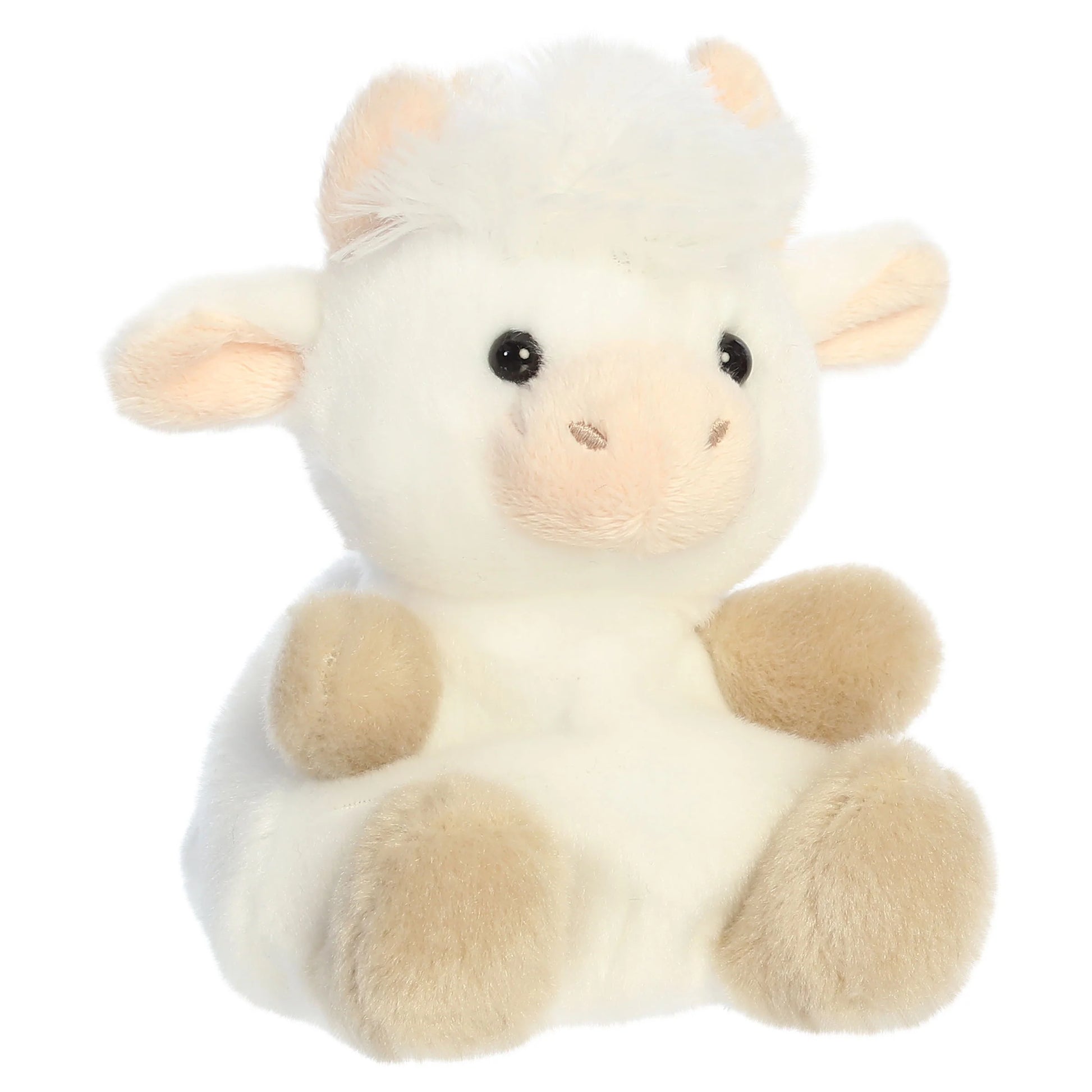 Palm Pals Halleigh Highland Cow mini plush featuring creamy white fur, a fluffy white hair tuft, tiny horns, and soft tan hooves.