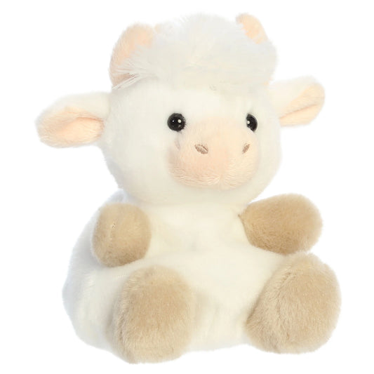 Palm Pals Halleigh Highland Cow mini plush featuring creamy white fur, a fluffy white hair tuft, tiny horns, and soft tan hooves.