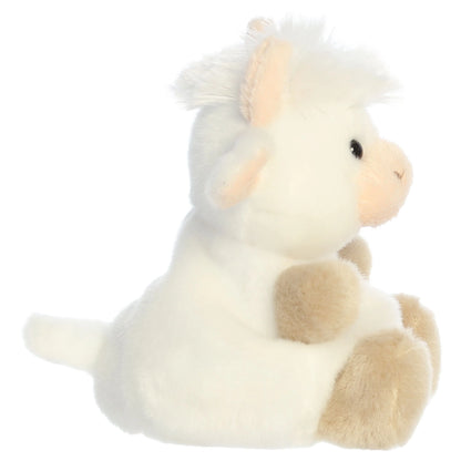 Palm Pals Halleigh Highland Cow mini plush featuring creamy white fur, a fluffy white hair tuft, tiny horns, and soft tan hooves.