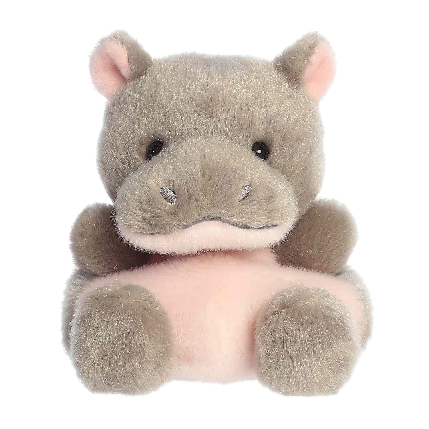A product photo of the Palm Pals Ham Pygmy Hippo 5-Inch Plush, a gray stuffed hippo with a pink belly and rosy ears, sitting on a white background.