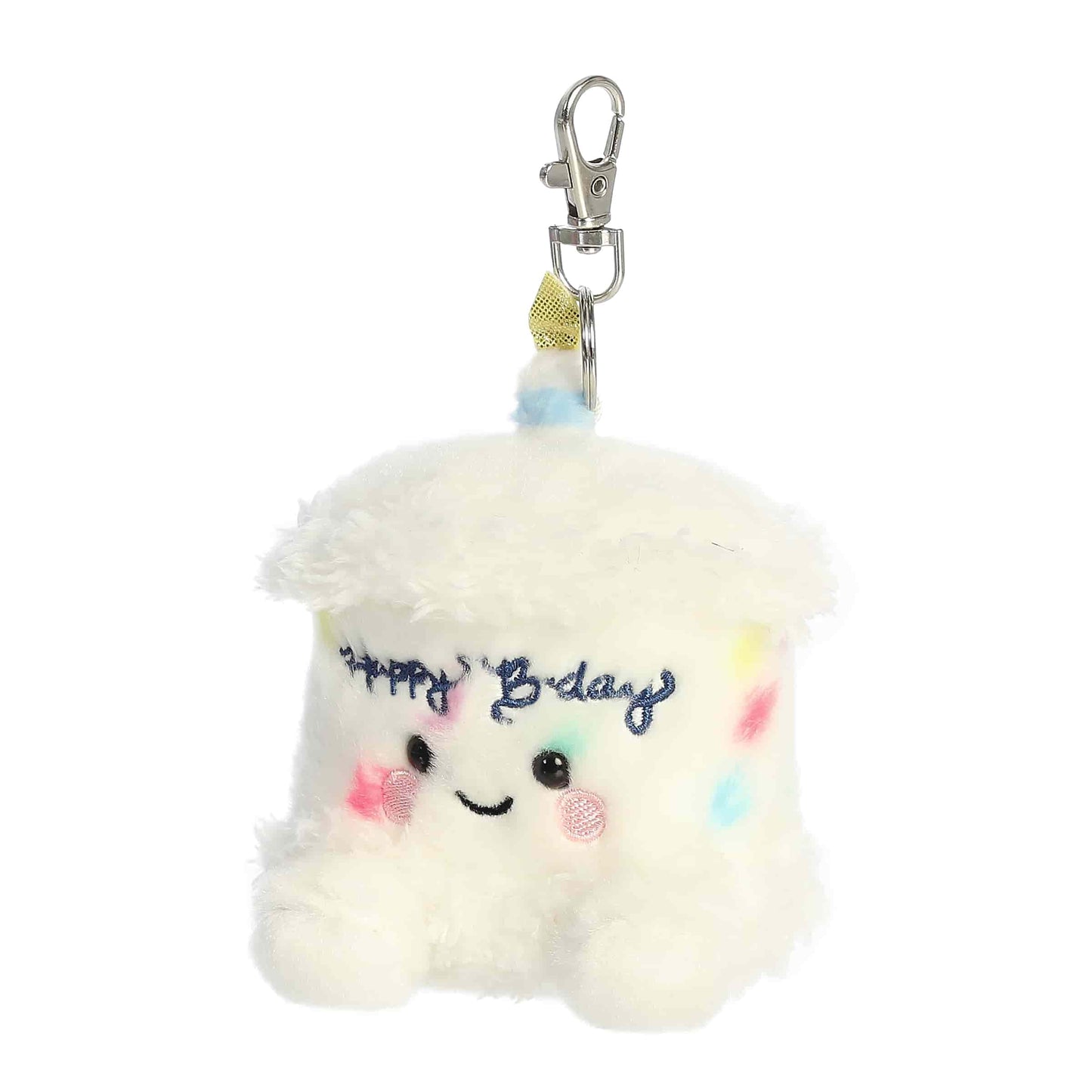 Plush keychain with a smiling face and 'Happy Birthday' text on a white background