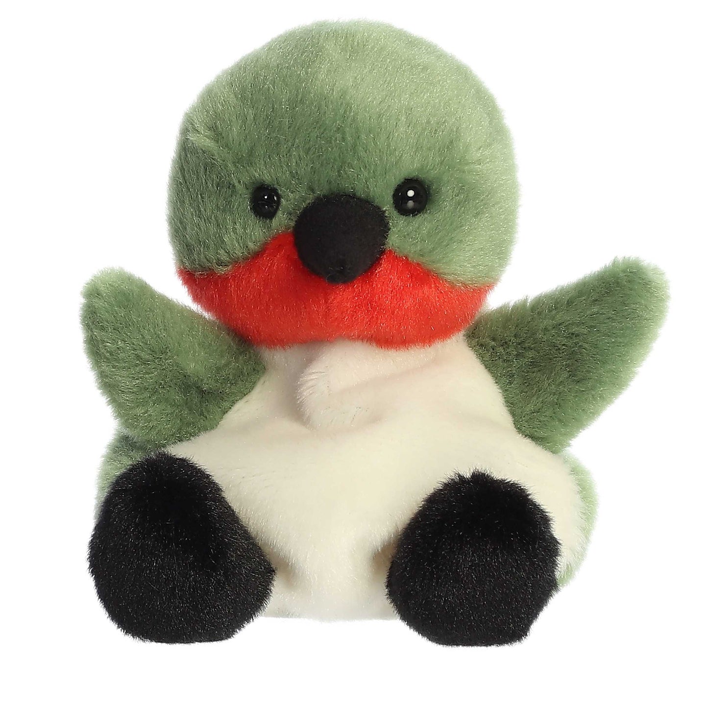 A product photo of the Palm Pals Hilda Hummingbird plush, a small, green, red, and white plush bird, sitting on a white background.