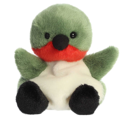 A product photo of the Palm Pals Hilda Hummingbird plush, a small, green, red, and white plush bird, sitting on a white background.