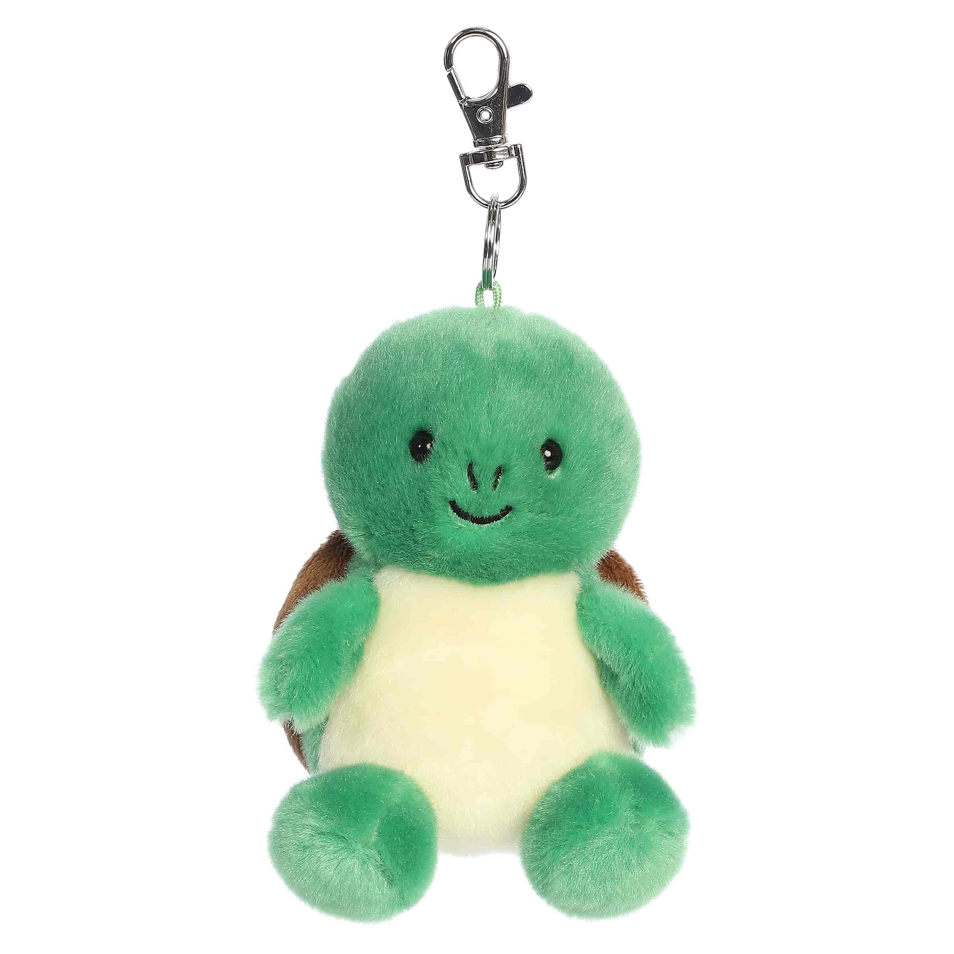 Palm Pals Honu Sea Turtle Clip-On plush featuring a soft green body, light yellow belly, and a metal keychain clip.