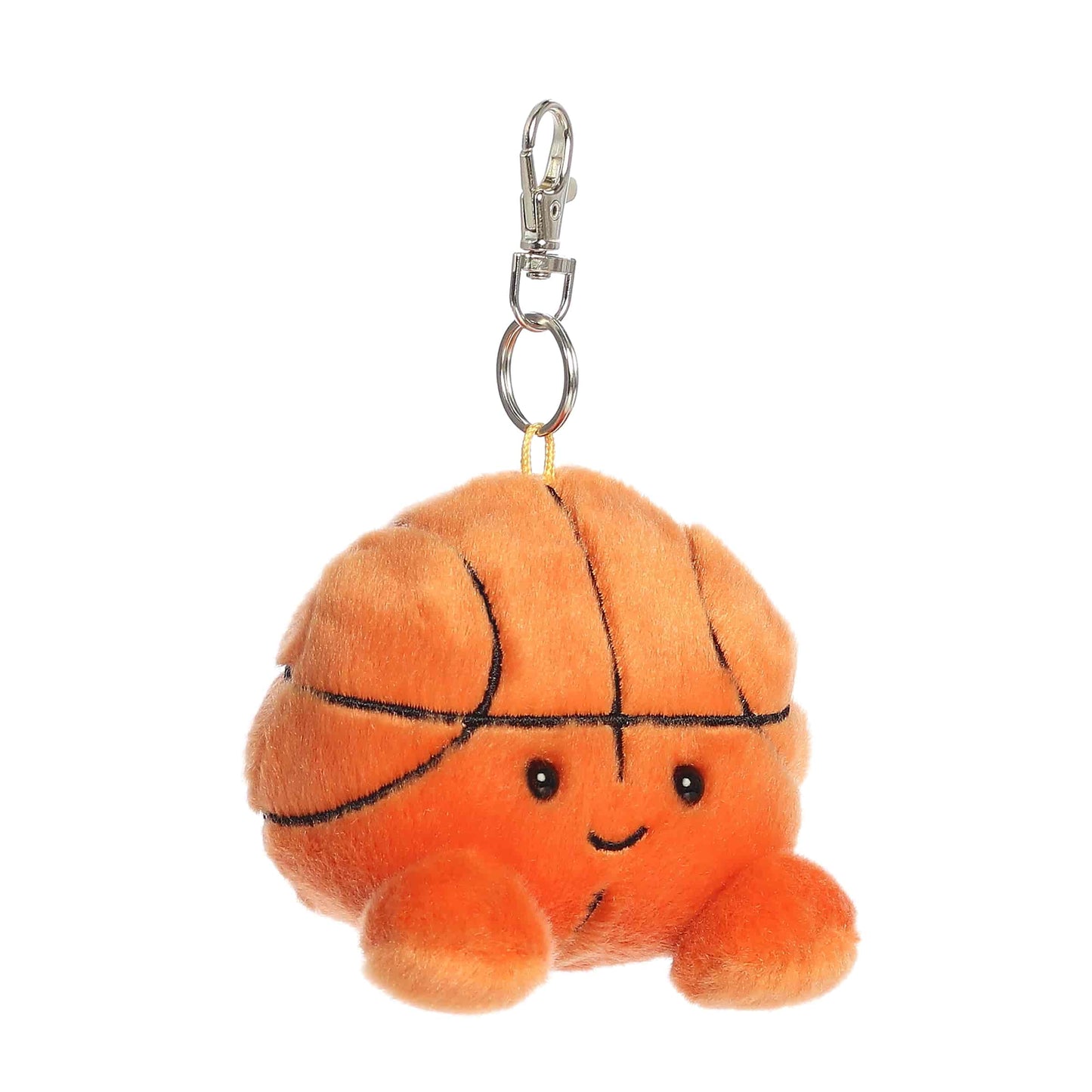 Angled view of Palm Pals Hoops Basketball, a 4-inch round plush clip.