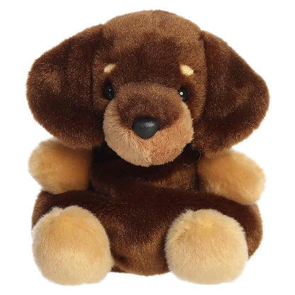 Palm Pals Houdini Dachshund plush featuring fluffy brown fur, a creamy muzzle, and sweet floppy ears.