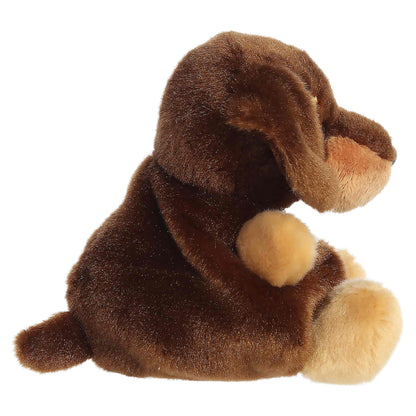 Palm Pals Houdini Dachshund plush featuring fluffy brown fur, a creamy muzzle, and sweet floppy ears.