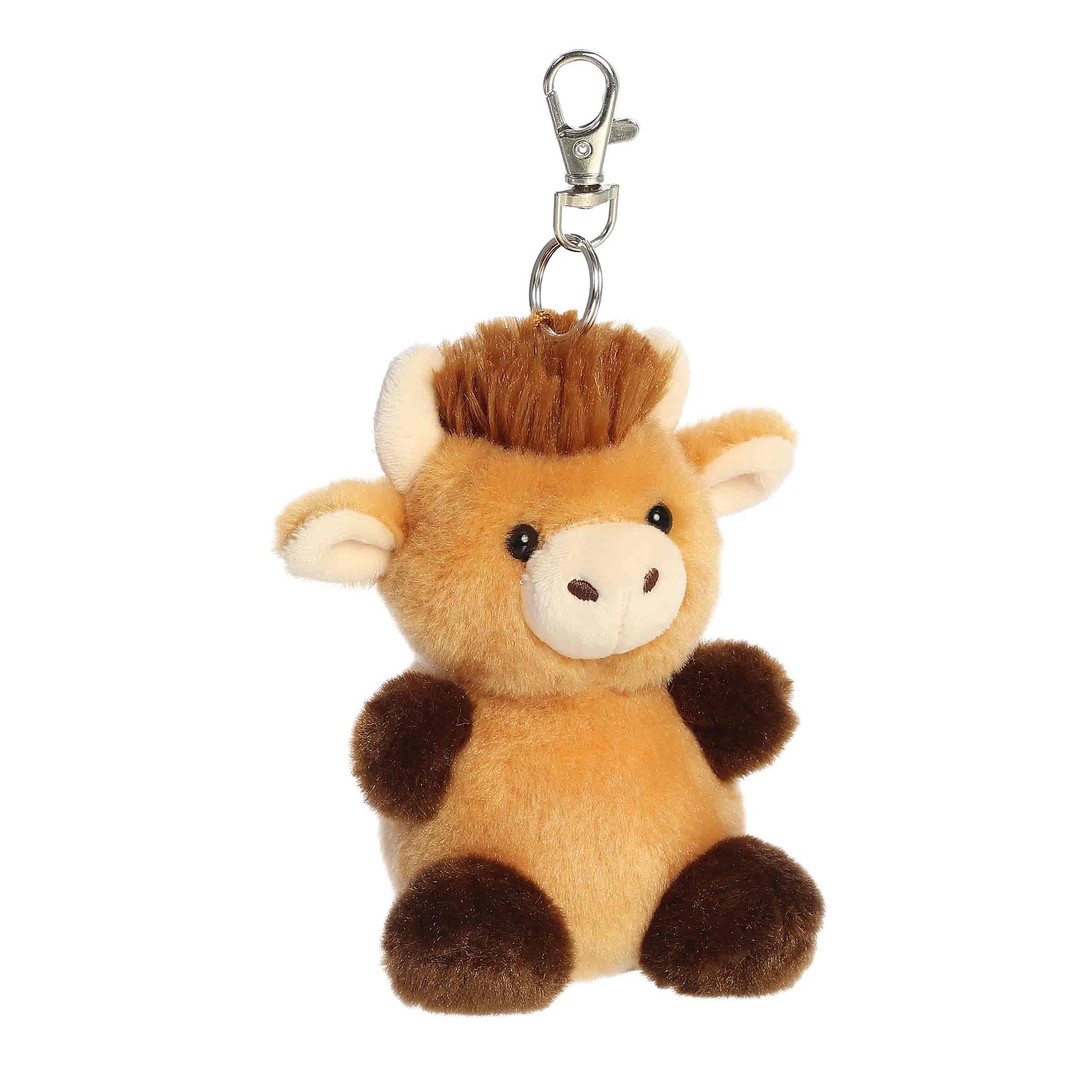 Angled view of Palm Pals Hubert Highland Cow 4-inch clip-on plush soft toy