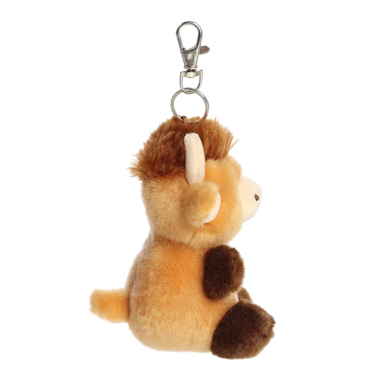 Side view of Palm Pals Hubert Highland Cow 4-inch clip-on plush soft toy