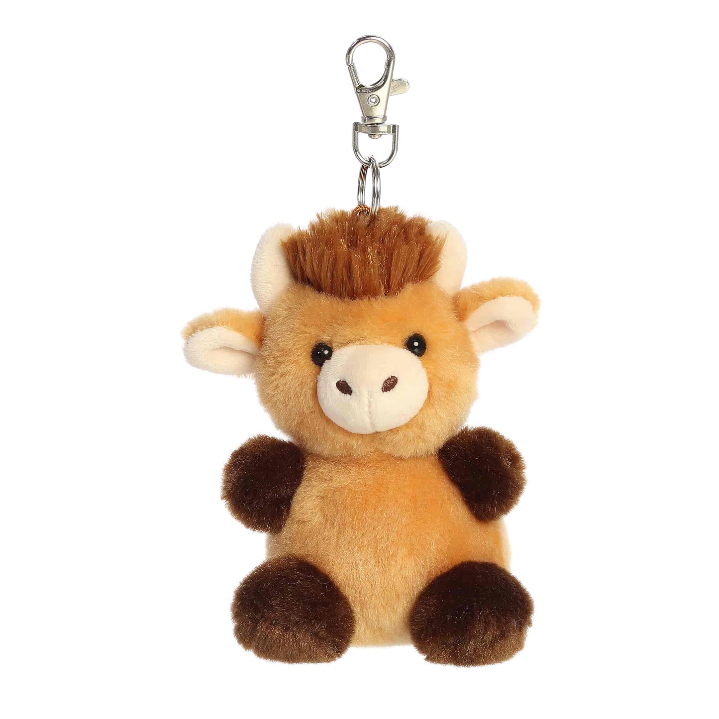 Palm Pals Hubert Highland Cow 4-inch clip-on plush soft toy, a golden cow with dark brown hooves and a fluffy hair tuft attached to a clip.