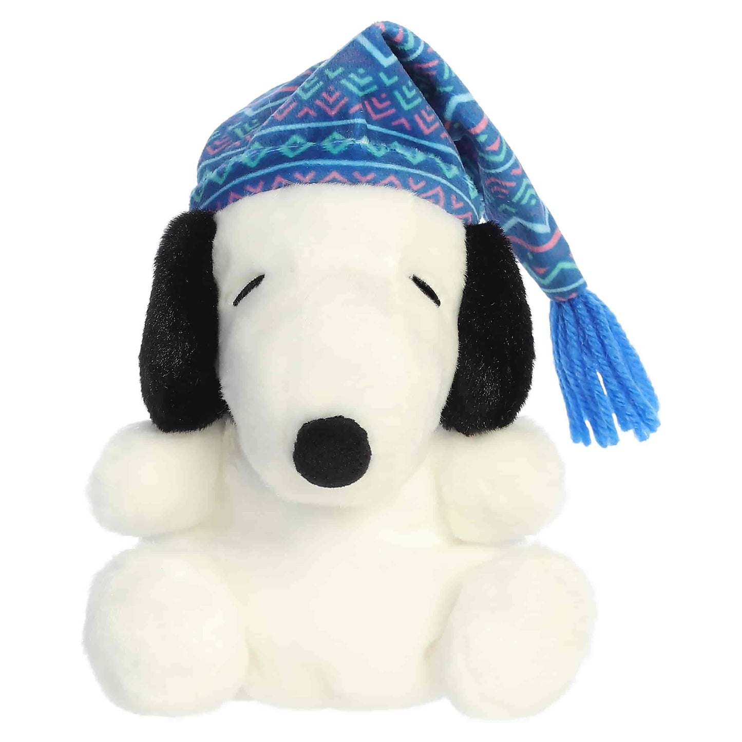 Palm Pals I Love Snow Snoopy plush wearing a blue and pink patterned winter stocking cap with a blue tassel.