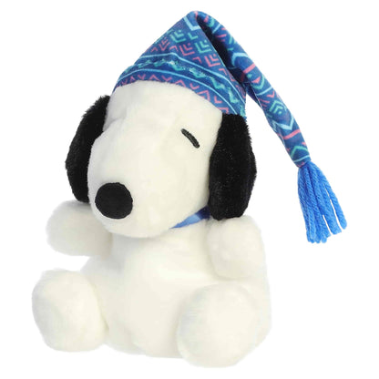 Palm Pals I Love Snow Snoopy plush wearing a blue and pink patterned winter stocking cap with a blue tassel.