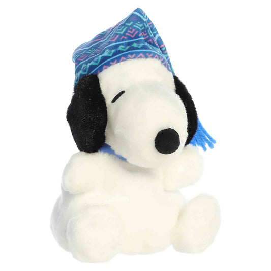 Palm Pals I Love Snow Snoopy plush wearing a blue and pink patterned winter stocking cap with a blue tassel.