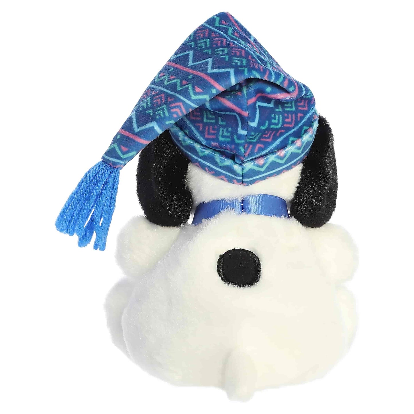 Palm Pals I Love Snow Snoopy plush wearing a blue and pink patterned winter stocking cap with a blue tassel.