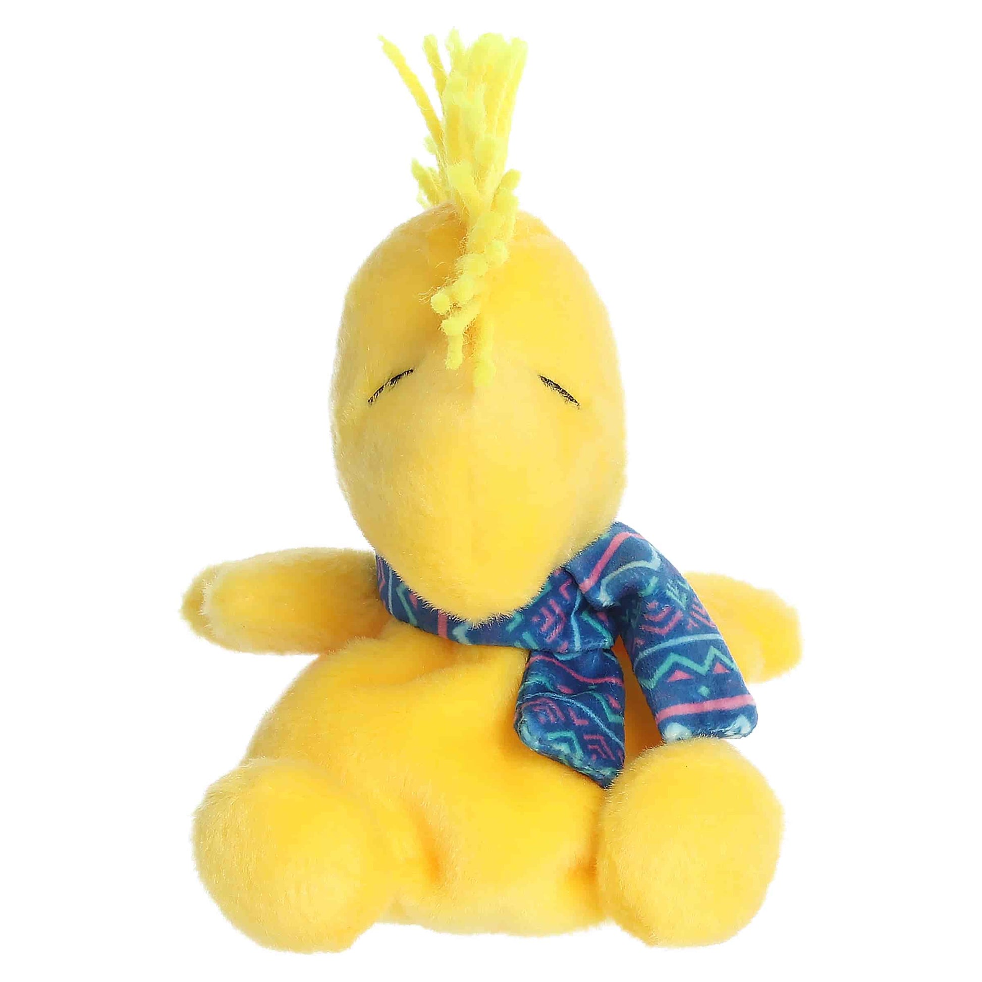 Palm Pals I Love Snow Woodstock plush featuring bright yellow fur, a feathery head crest, and a blue and pink patterned winter scarf.