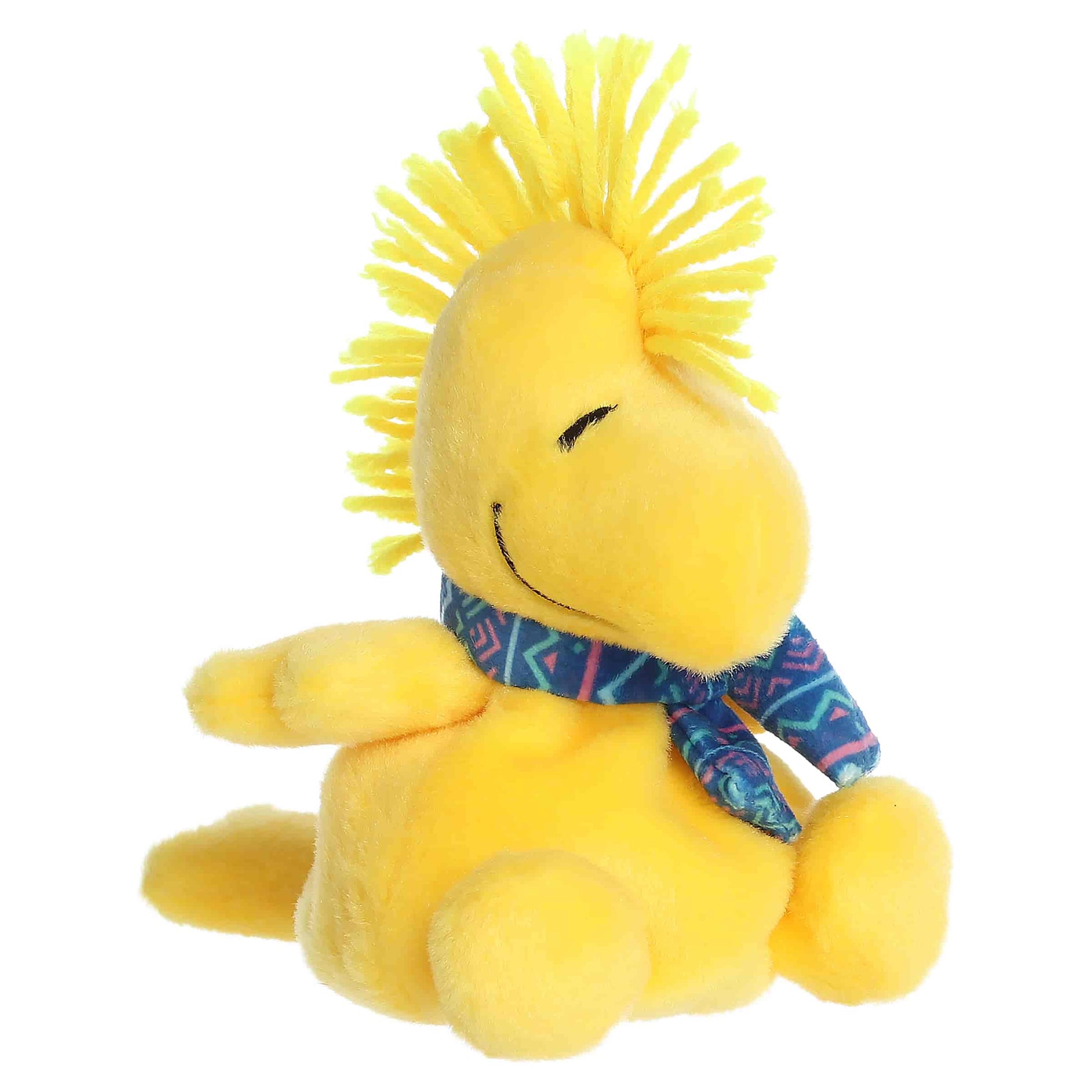 Palm Pals I Love Snow Woodstock plush featuring bright yellow fur, a feathery head crest, and a blue and pink patterned winter scarf.