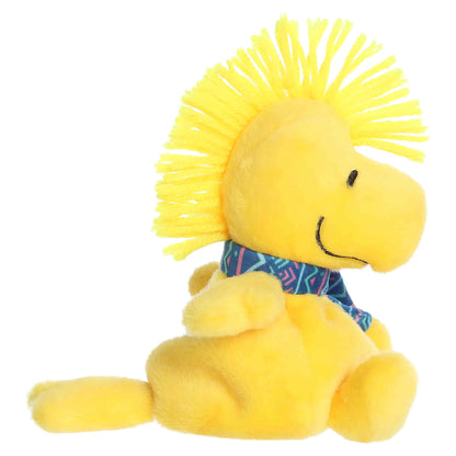 Palm Pals I Love Snow Woodstock plush featuring bright yellow fur, a feathery head crest, and a blue and pink patterned winter scarf.