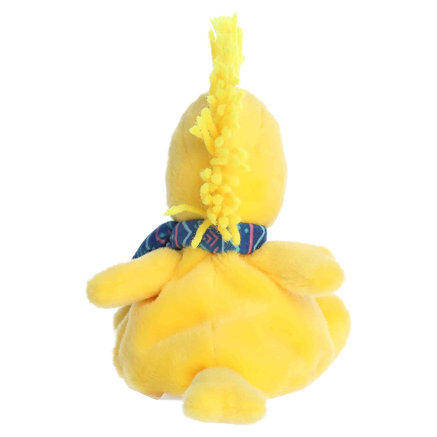 Palm Pals I Love Snow Woodstock plush featuring bright yellow fur, a feathery head crest, and a blue and pink patterned winter scarf.