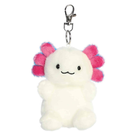Palm Pals Jax Bluegill Axolotl Clip-On plush featuring a white body, pink and blue gills, and a metal keychain clip.