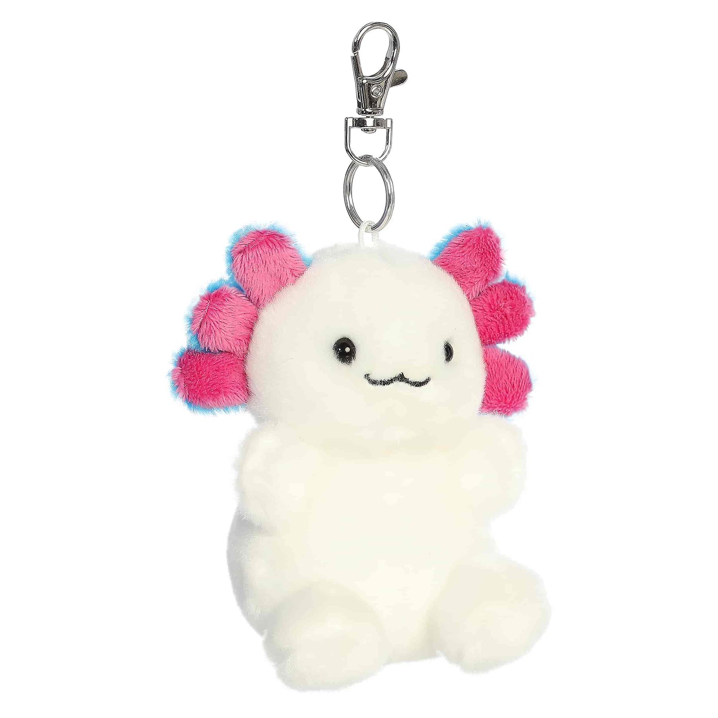 Palm Pals Jax Bluegill Axolotl Clip-On plush featuring a white body, pink and blue gills, and a metal keychain clip.