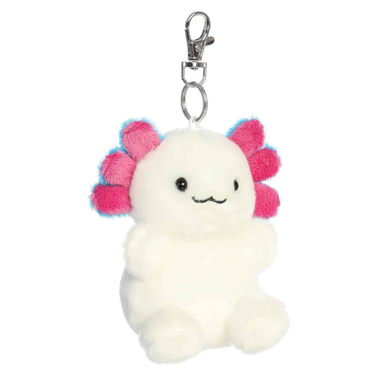 Palm Pals Jax Bluegill Axolotl Clip-On plush featuring a white body, pink and blue gills, and a metal keychain clip.