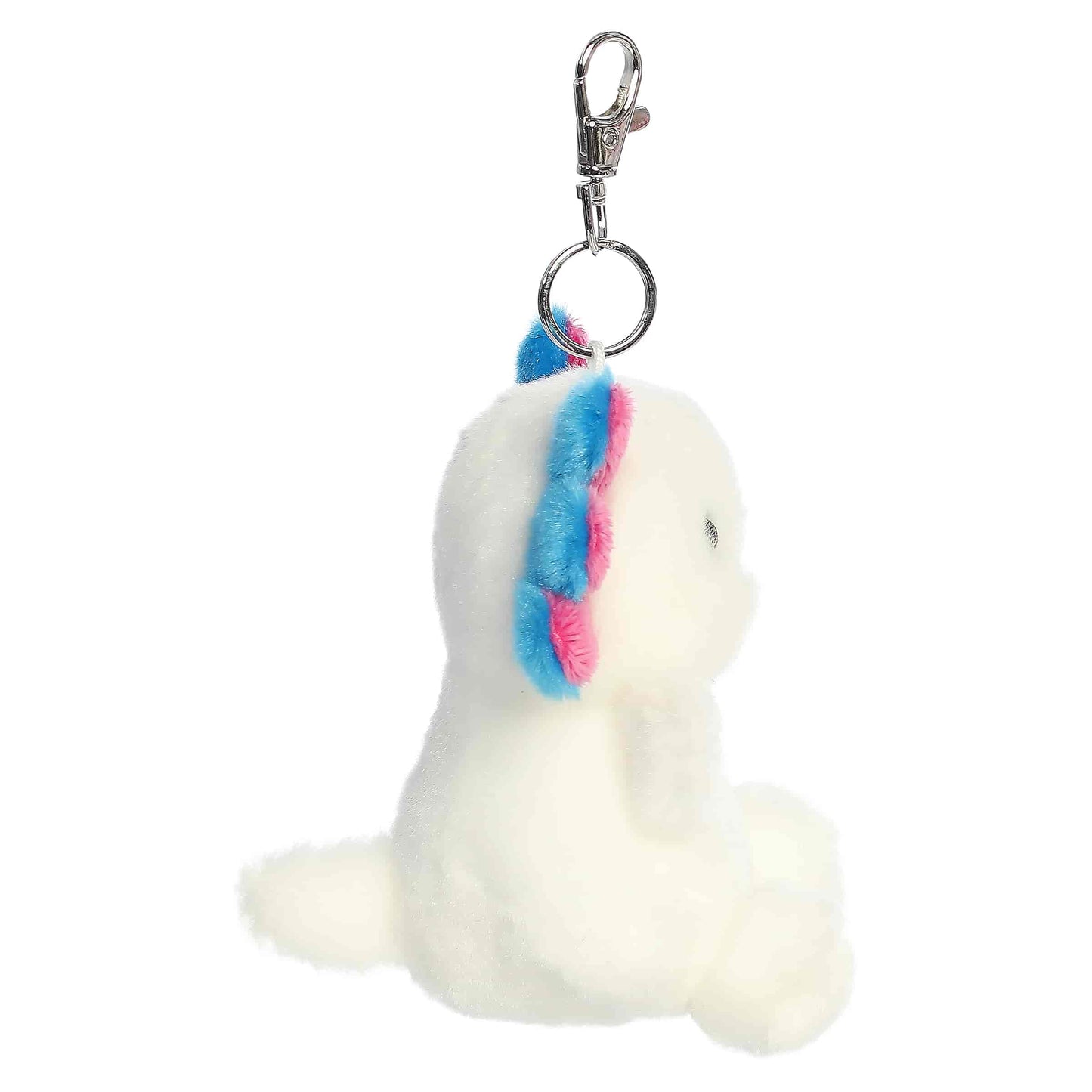 Palm Pals Jax Bluegill Axolotl Clip-On plush featuring a white body, pink and blue gills, and a metal keychain clip.