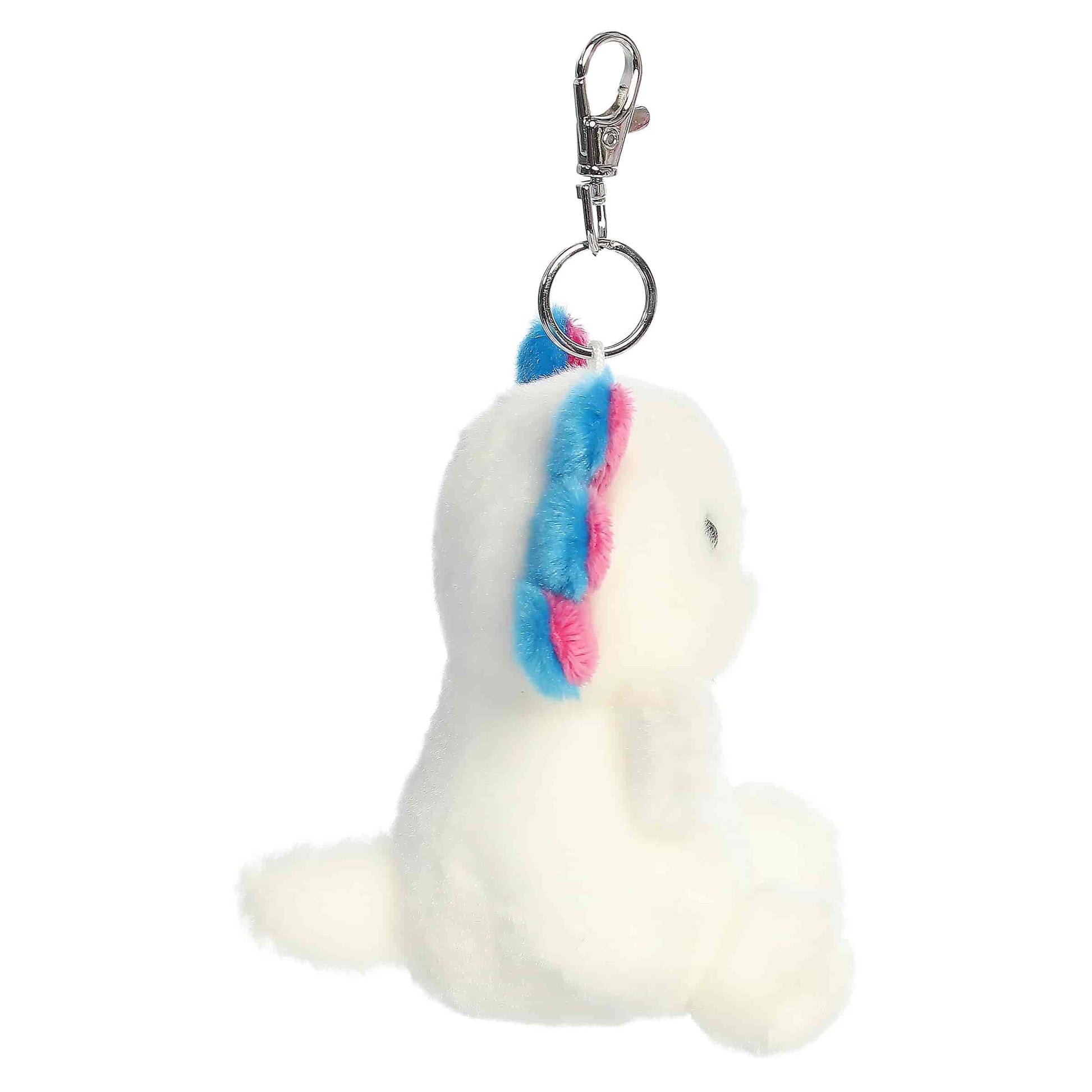 Palm Pals Jax Bluegill Axolotl Clip-On plush featuring a white body, pink and blue gills, and a metal keychain clip.