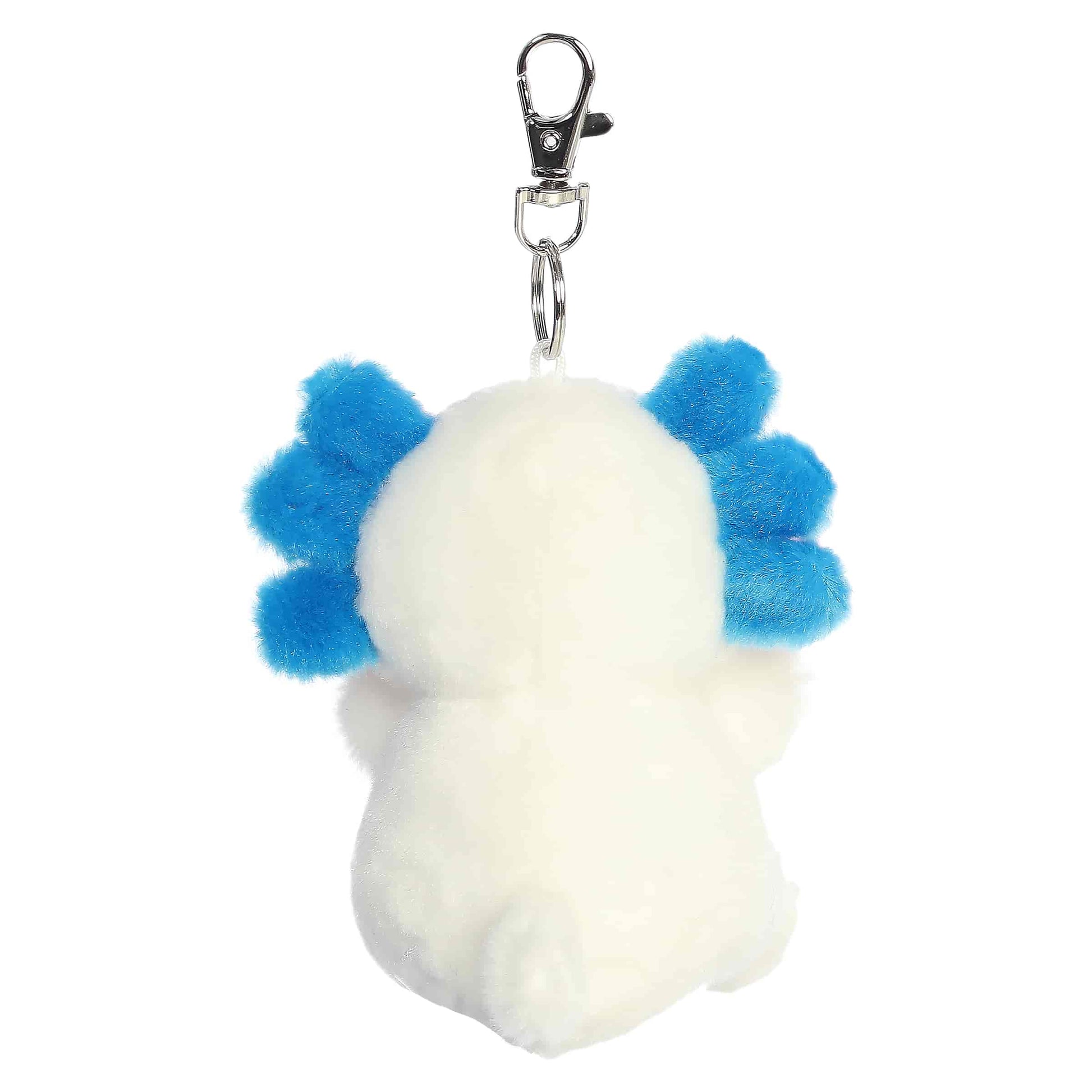 Palm Pals Jax Bluegill Axolotl Clip-On plush featuring a white body, pink and blue gills, and a metal keychain clip.