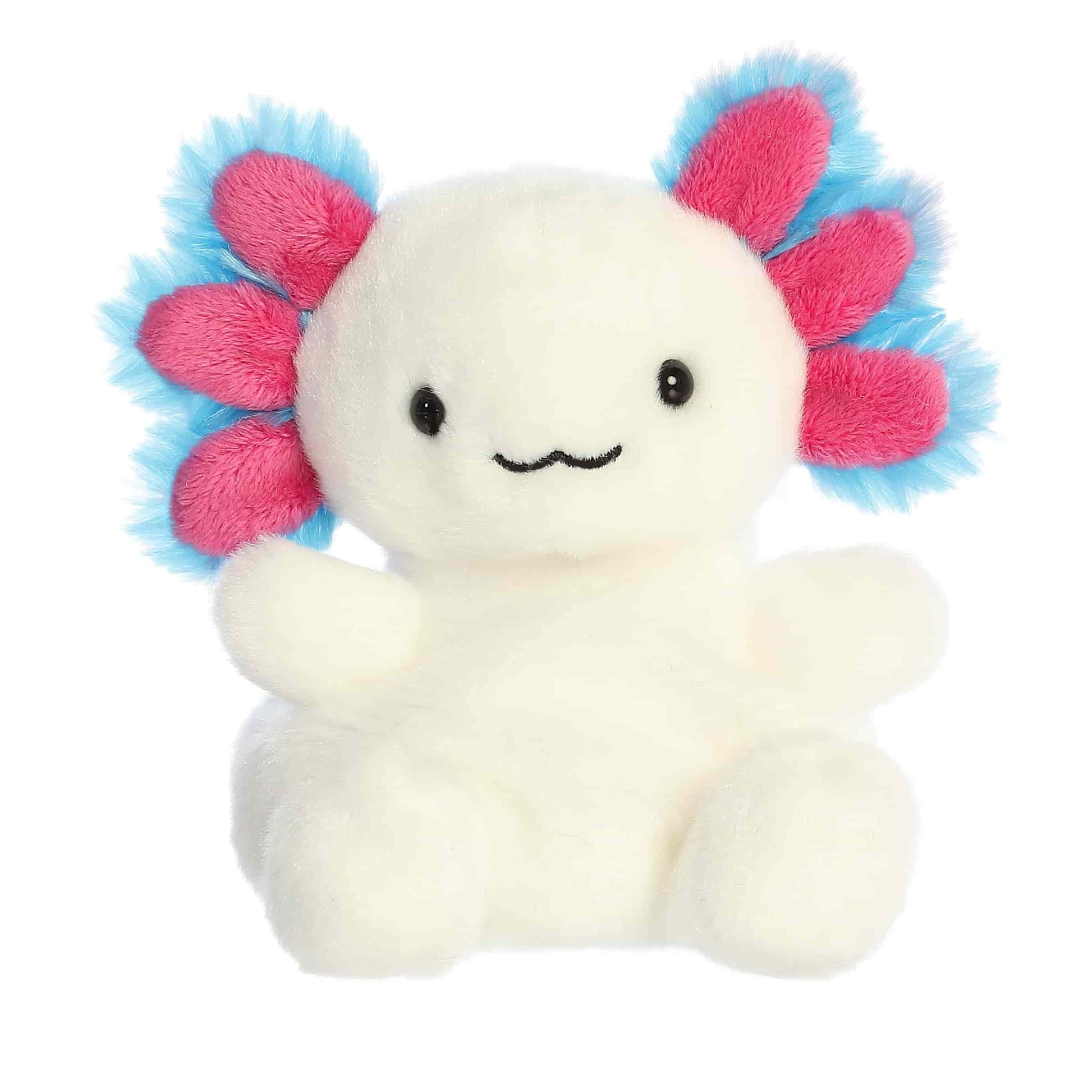 A product photo of the Palm Pals Jax Bluegill Axolotl 5-Inch Plush, a white stuffed axolotl with bright pink and blue gills, sitting on a white background.