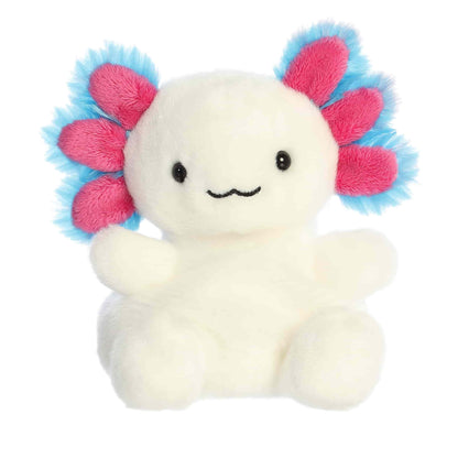 A product photo of the Palm Pals Jax Bluegill Axolotl 5-Inch Plush, a white stuffed axolotl with bright pink and blue gills, sitting on a white background.