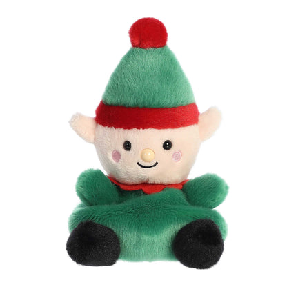 Palm Pals Jolly Elf plush featuring a green body, red collar, black boots, pointed elf ears, and a green hat with a red pom-pom.