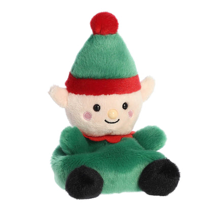 Palm Pals Jolly Elf plush featuring a green body, red collar, black boots, pointed elf ears, and a green hat with a red pom-pom.
