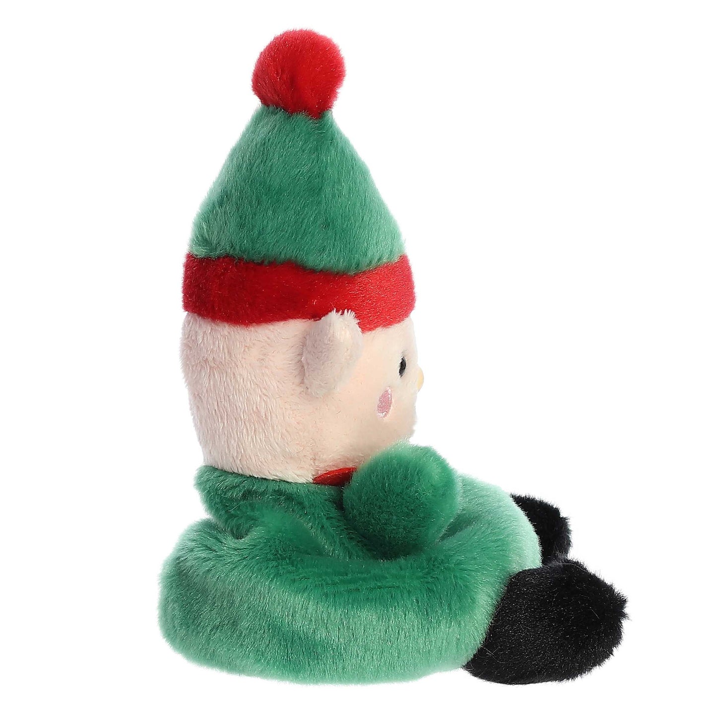Palm Pals Jolly Elf plush featuring a green body, red collar, black boots, pointed elf ears, and a green hat with a red pom-pom.