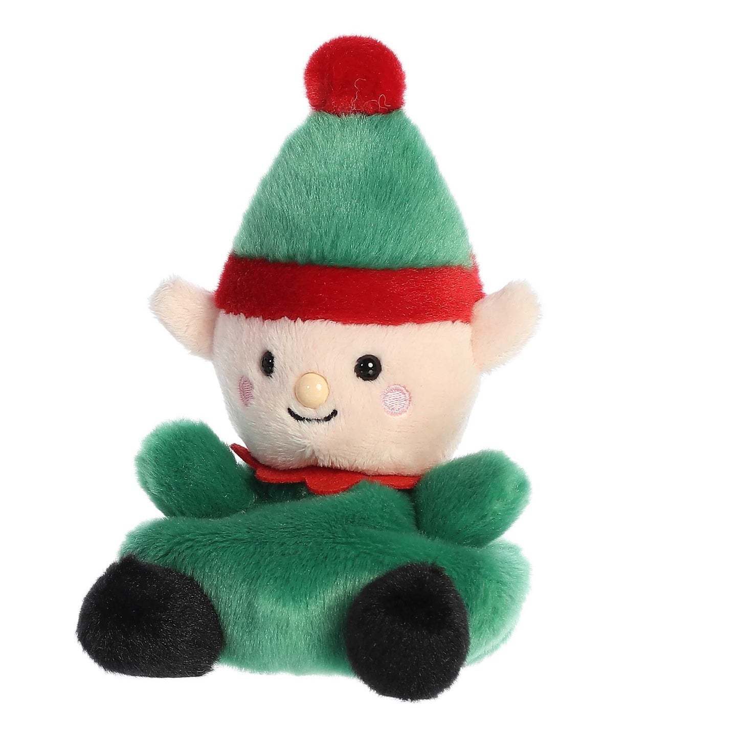 Palm Pals Jolly Elf plush featuring a green body, red collar, black boots, pointed elf ears, and a green hat with a red pom-pom.