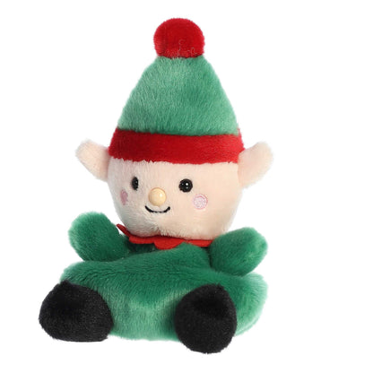 Palm Pals Jolly Elf plush featuring a green body, red collar, black boots, pointed elf ears, and a green hat with a red pom-pom.