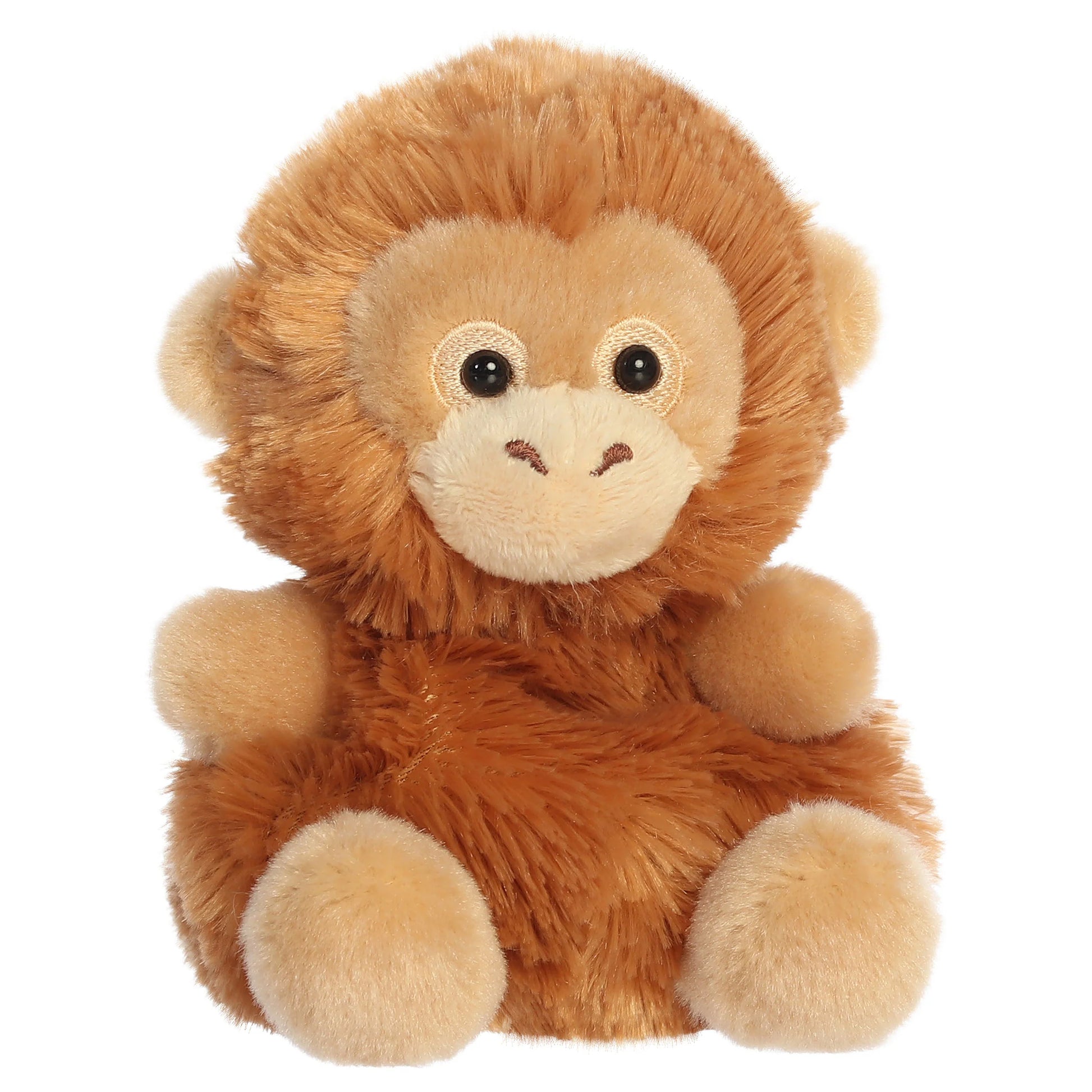 Palm Pals Karen Orangutan plush toy with warm-brown shaggy fur, a gentle smile, and tiny hands and feet