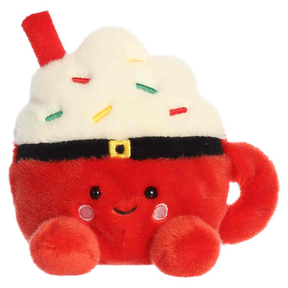 Palm Pals Klaas Santa Cocoa 5.5-inch red plush mug featuring a black Santa belt, fluffy whipped cream top with colorful sprinkles, and a red straw.