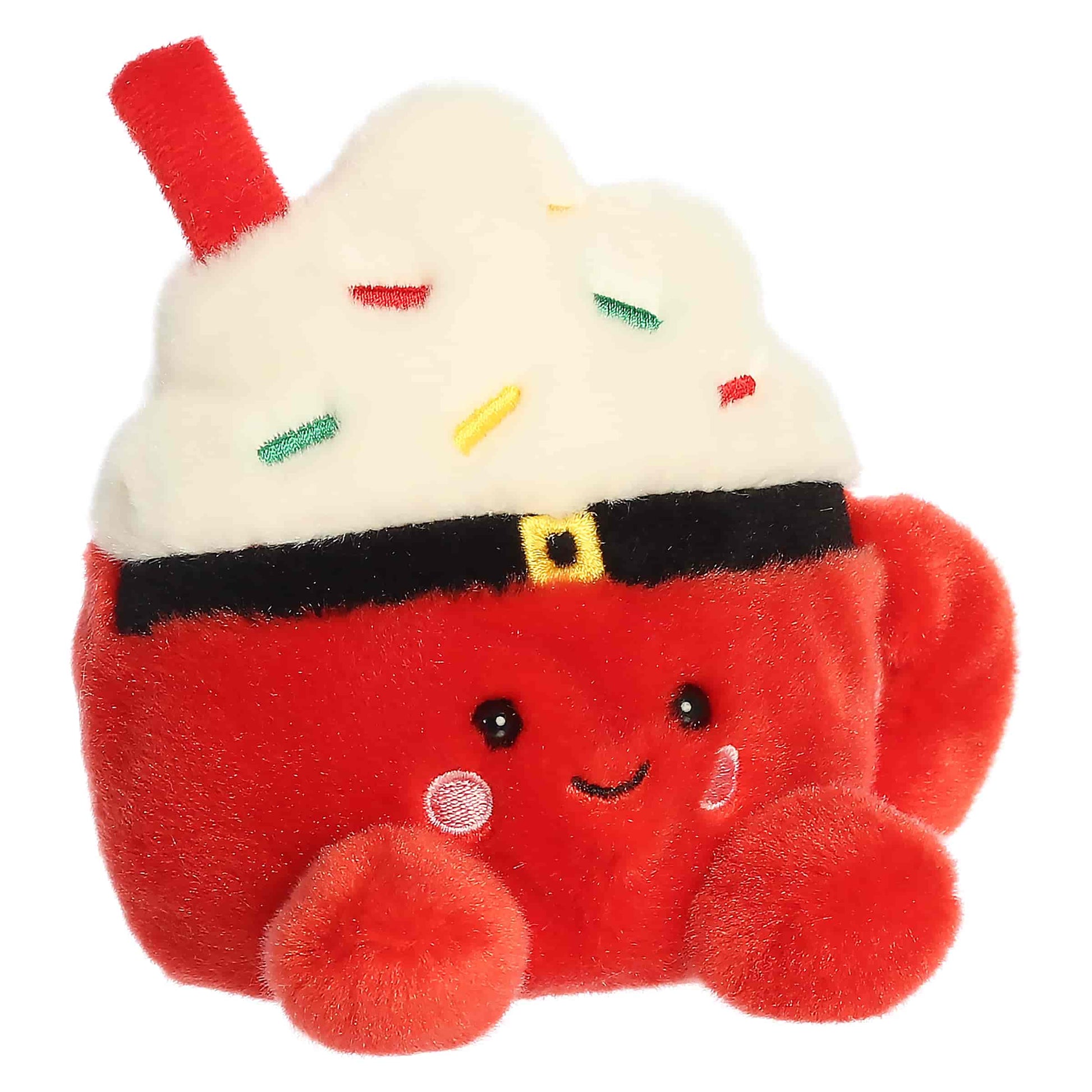 Palm Pals Klaas Santa Cocoa 5.5-inch red plush mug featuring a black Santa belt, fluffy whipped cream top with colorful sprinkles, and a red straw.