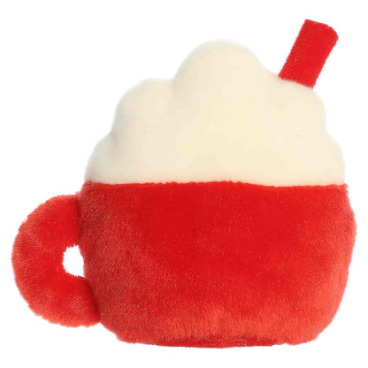 Palm Pals Klaas Santa Cocoa 5.5-inch red plush mug featuring a black Santa belt, fluffy whipped cream top with colorful sprinkles, and a red straw.