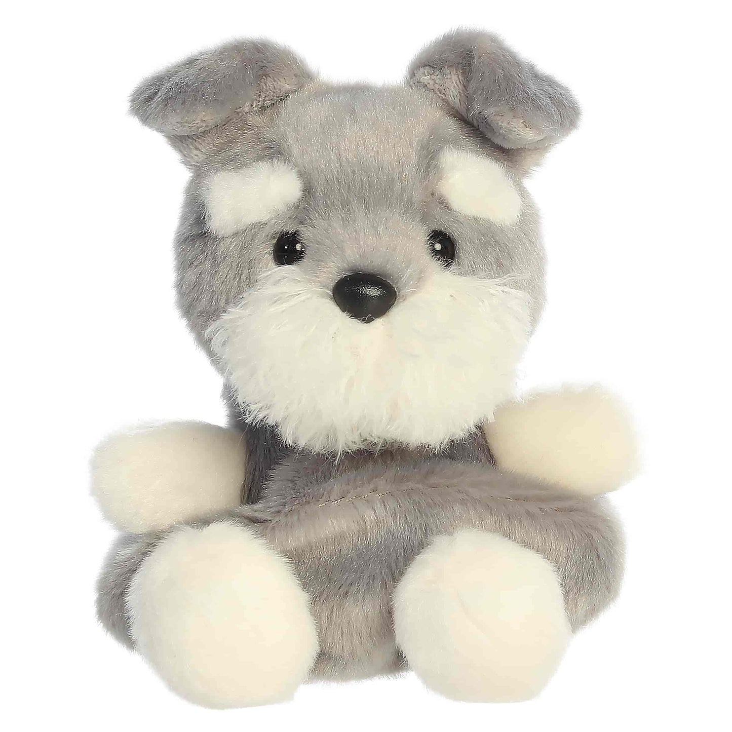 Palm Pals Korra Schnauzer, a small gray and white plush dog with a fluffy muzzle and tiny folded ears.